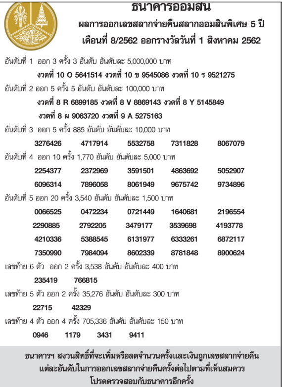 à¸œà¸¥à¸ªà¸¥à¸²à¸à¸­à¸­à¸¡à¸ª à¸™à¸ž à¹€à¸¨à¸© 5 à¸› à¸‡à¸§à¸