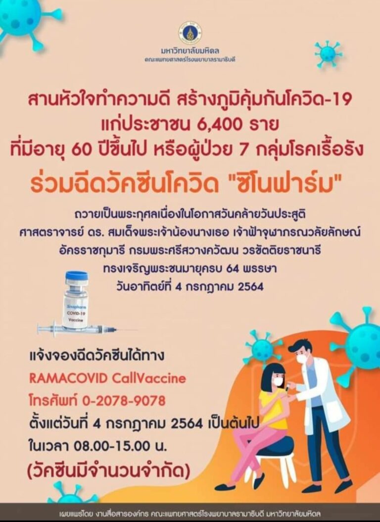 รพ.รามาฯ เปิดจองฉีดซิโนฟาร์ม "สูงวัย-7 กลุ่มโรค" 6,400 ราย ...