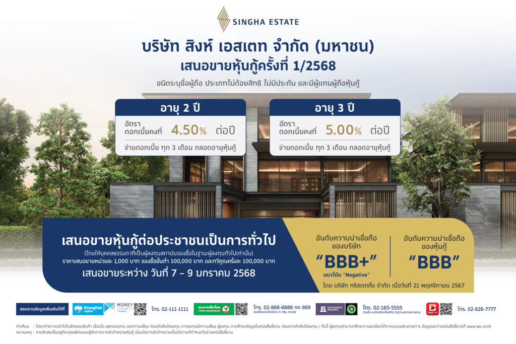 สิงห์ เอสเตท เคาะดอกเบี้ยหุ้นกู้ 2 รุ่น จ่ายสูงสุด 5% เปิดจอง 7-9 ม.ค.